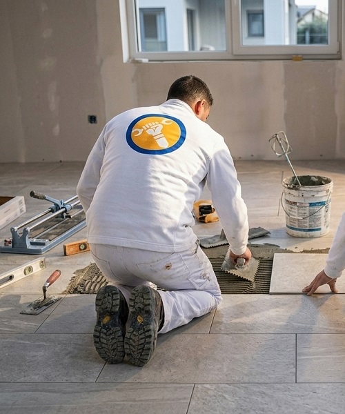 QIA tile fitter installing large floor tiles with adhesive — tiling services Dammam