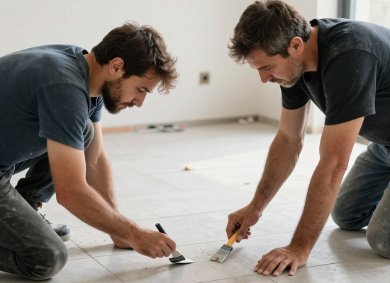 Two tilers preparing and laying floor tiles — professional tiling service Dammam